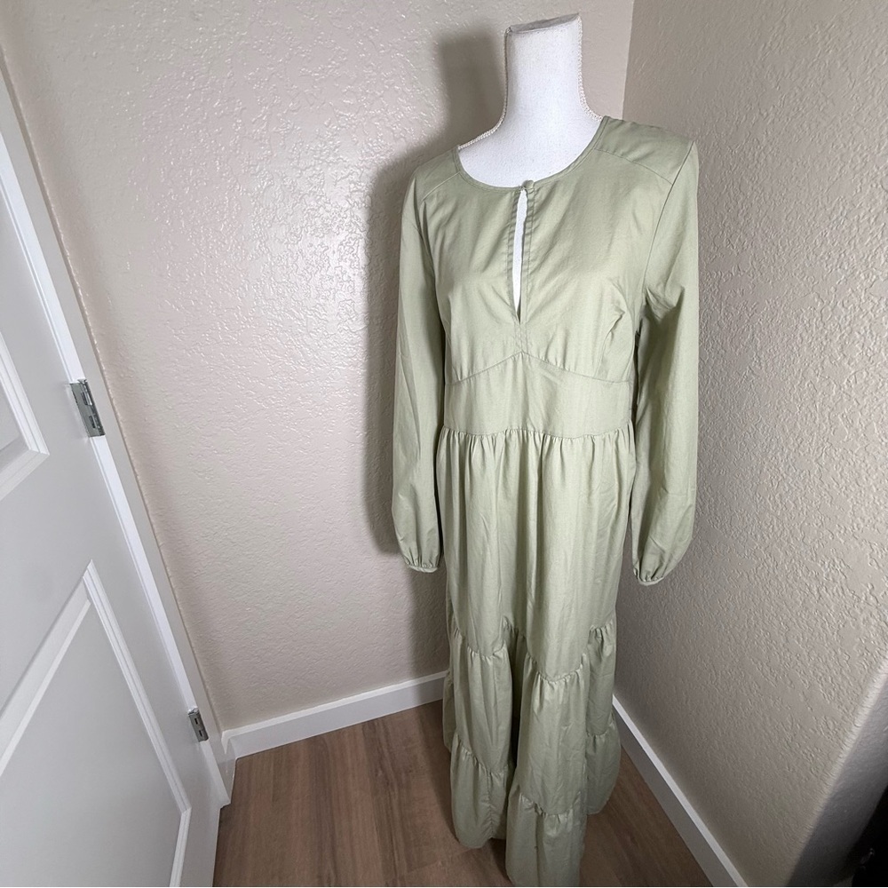 ASOS Sage Green Long Sleeve Tiered Dress Size 14 Modest Bohemian Casual Prairie - Picture 9 of 9